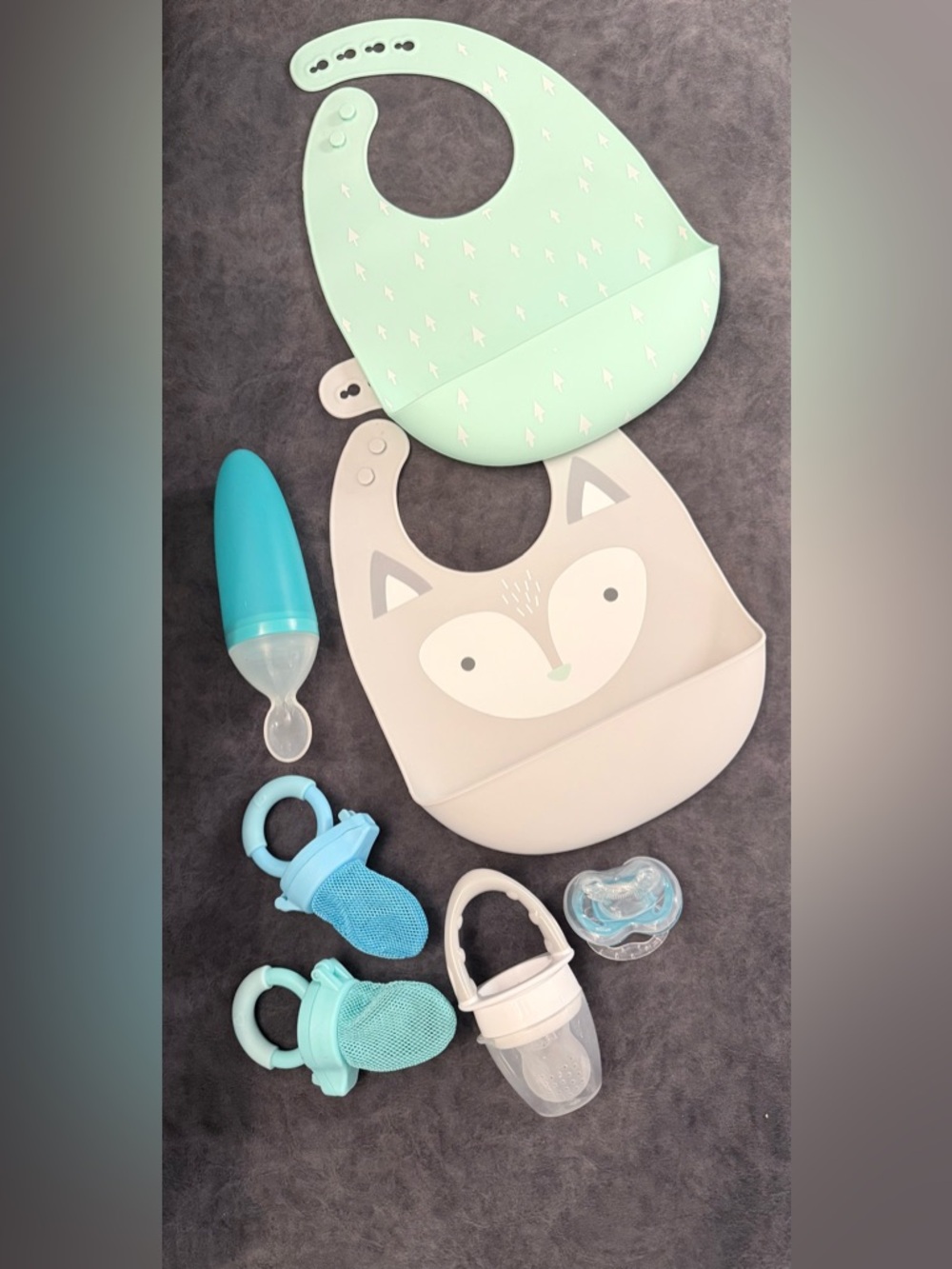 Cute Fox Silicone Bib Set in Mint and Light Gray - Baby Mealtime Bibs